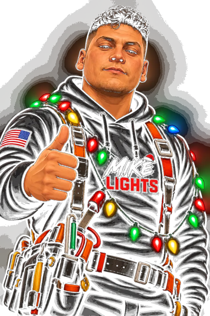 An illustration of Mike giving a thumbs up, in a black Mike Lights hoodie with a harness and tool belt, a strand of colored Christmas lights over his shoulders and an American flag patch on his sleeve